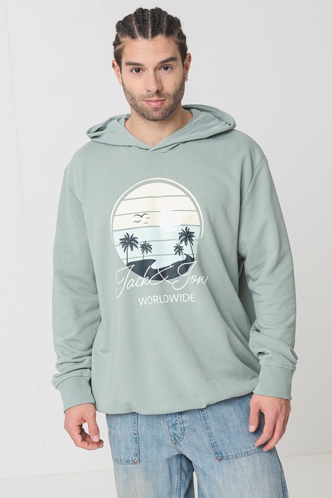Jack & Jones, Hanorac din amestec de bumbac cu logo, Gri cenusiu, 2XL
