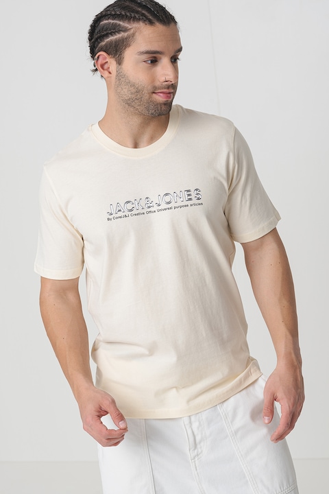 Jack & Jones, Памучна тениска с лого, Крем