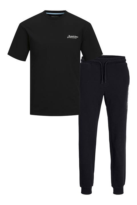 Jack & Jones, Set de tricou de bumbac si pantaloni de trening, Negru, M