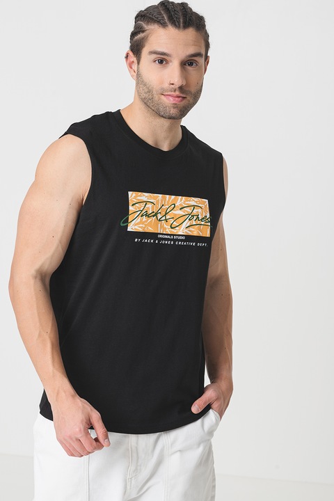 Jack & Jones, Тениска от памук с лого, Черен/охра