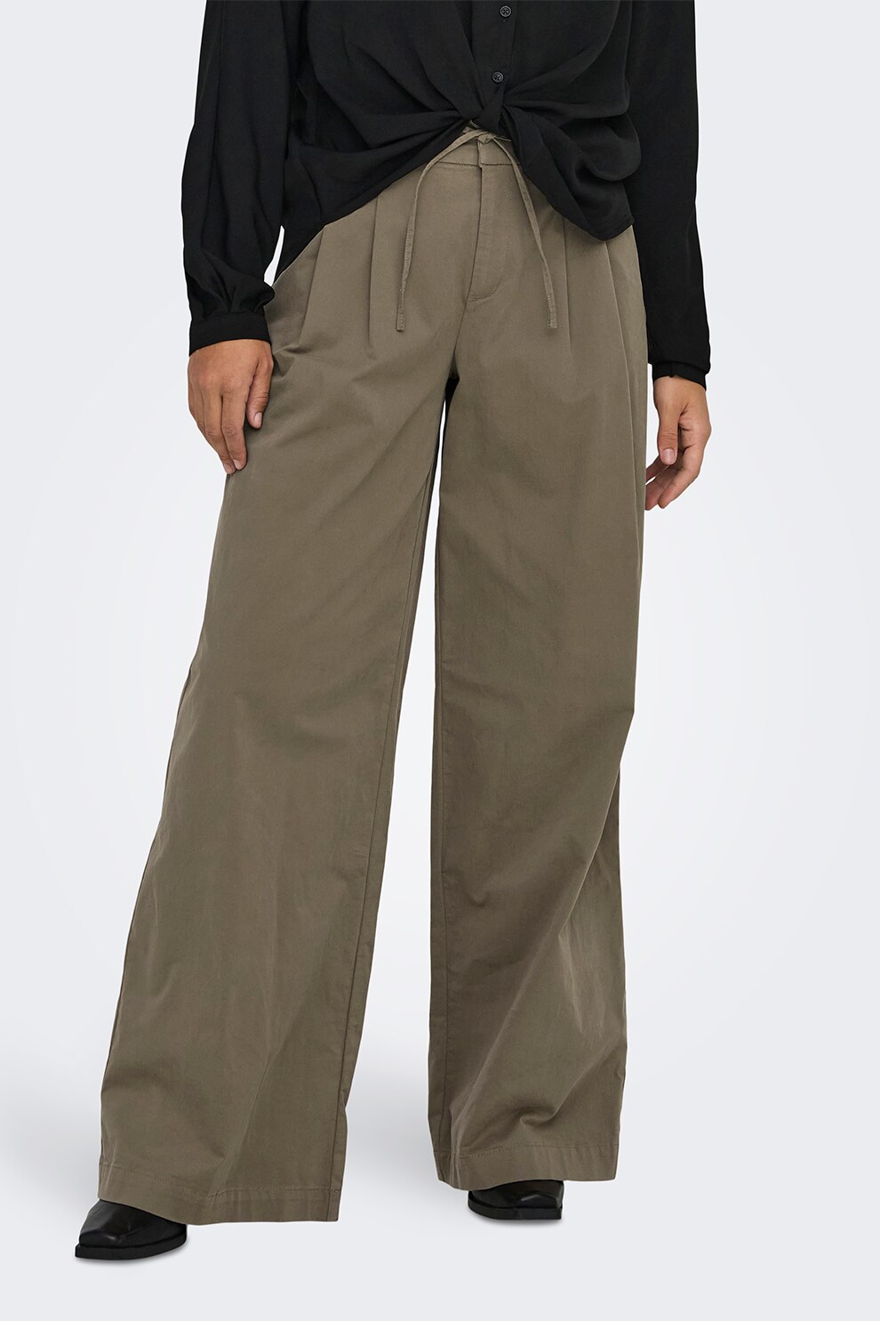 Only, Pantaloni cu croiala ampla si cordon in talie, Maro fango, M-L32