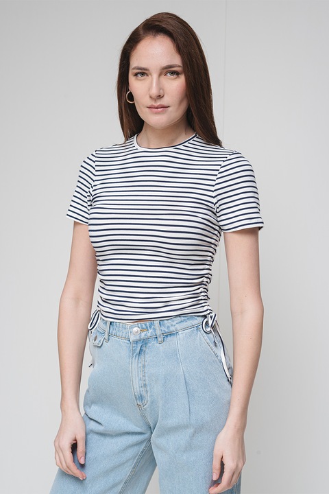 Only, Слим раирана тениска с овално деколте, Бял/Тъмносин