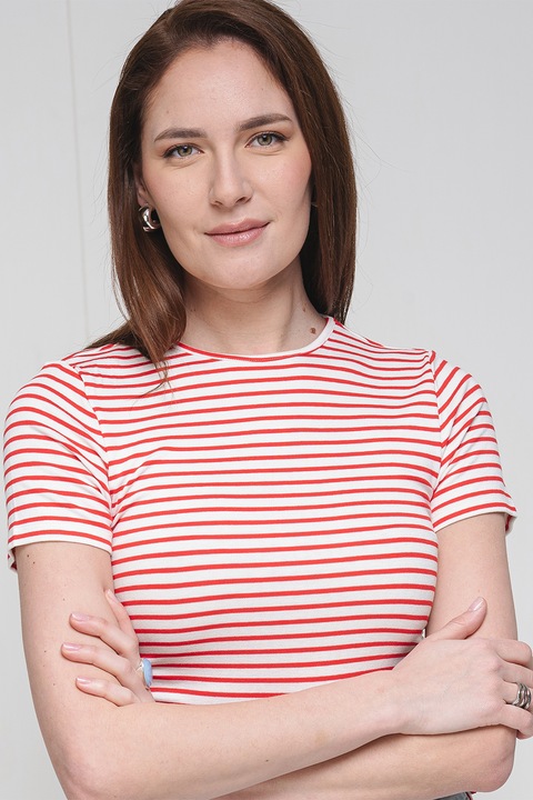 Only, Слим раирана тениска с овално деколте, Аленочервен/Мръснобял