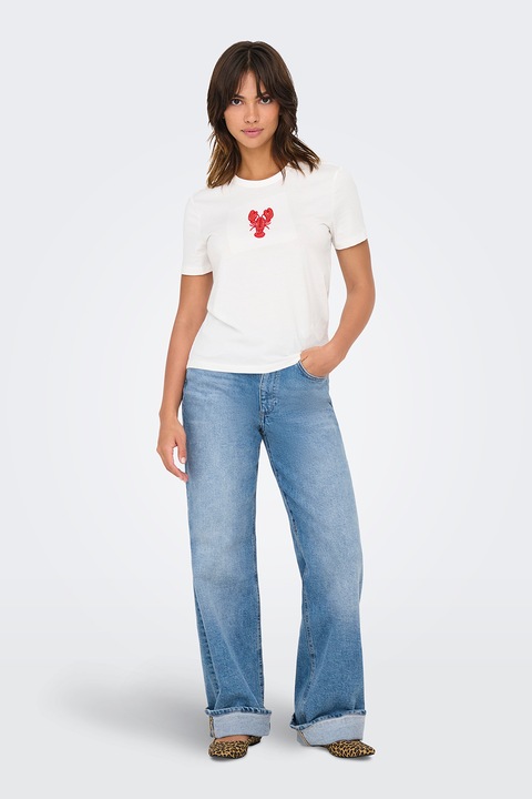 Only, Tricou de bumbac organic cu margele, Rosu/Crem
