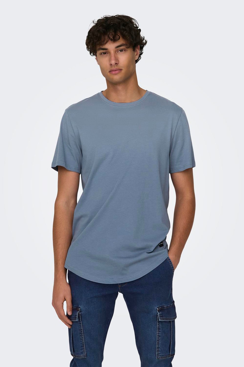 Only & Sons, Tricou de bumbac cu decolteu la baza gatului, Albastru prafuit, S