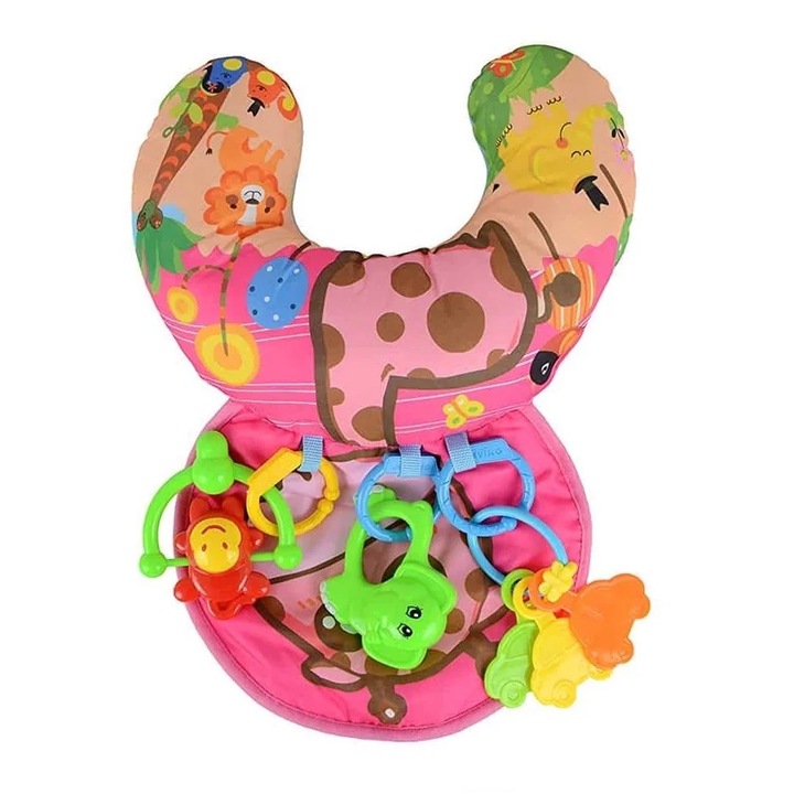 Perna activitati pentru bebelusi cu jucarii zornaitoare, pentru antrenarea si sustinerea gatului, 48x34 cm, roz