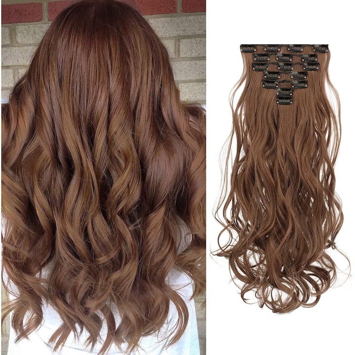 Set 7 Piese Extensii Par FESHFEN, Clip-On, 50 cm lungime, Sintetic Ondulat si Gros, Brunet Auriu
