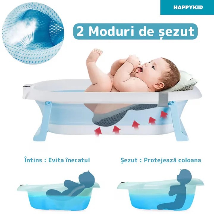 Бебешка вана с възглавница, вграден дигитален термометър, сгъваема, пробка за източване, неплъзгащи се крачета, ергономичен дизайн, 75 x 45 x 22 cm