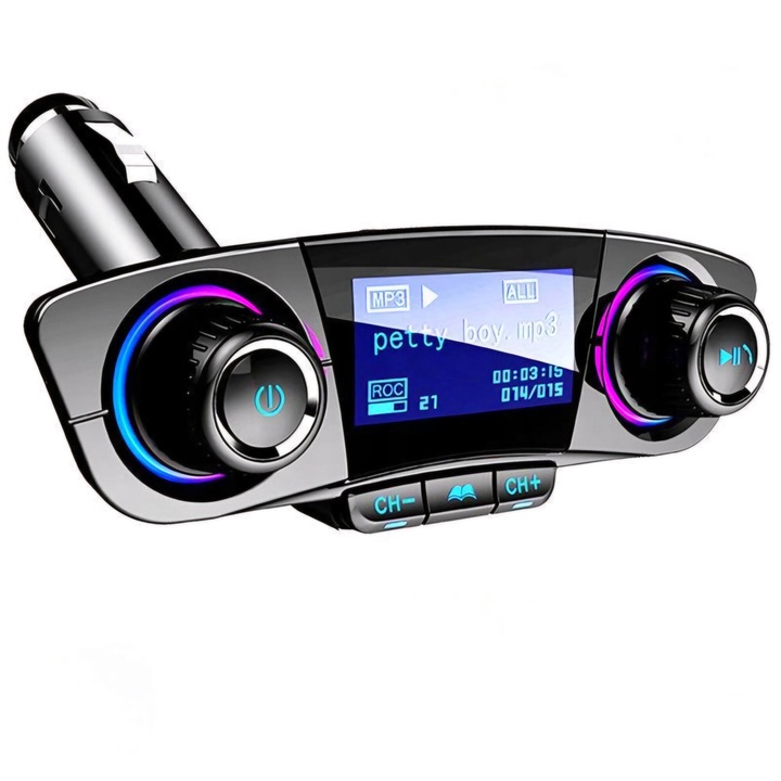 Bluetooth FM adó, BT. 5.0, Többfunkciós, 4 az 1-ben, USB (stick) támogatás, SD kártya, AUX, BT., LED kijelző, Hatótáv akár 10 m, 12 / 24 V, Fekete