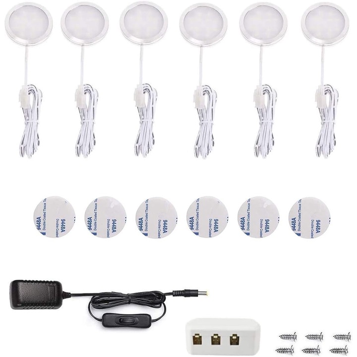 Set 6 lumini LED pentru dulap, 2W, 3000K, 190lm, potrivite pentru bucatarie, vitrine, dulapuri si garderobe, lumina alba rece