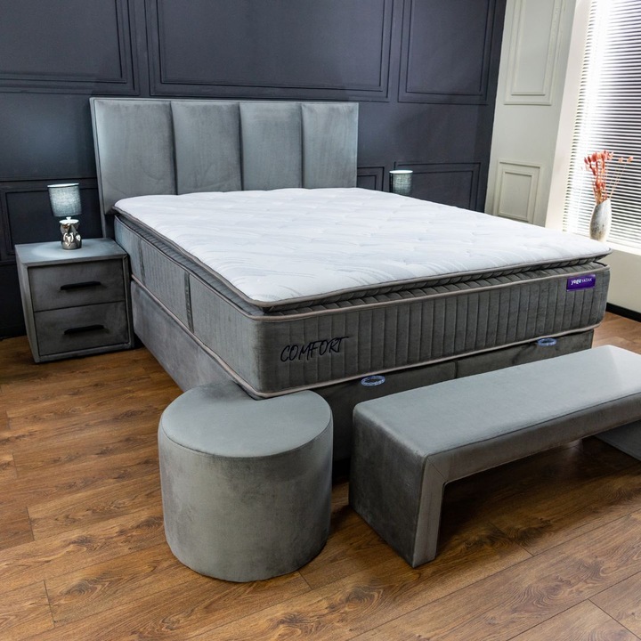 Pat Tapitat Gri Confort PED 160x200cm cu Somiera Rabatabila, Lada Depozitare - Design Elegant & Functional