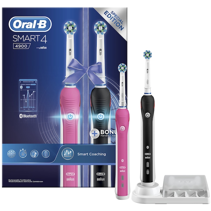 Комплект 2 Ел. четки Oral-B Smart 4 4900, 3 програми, Bluetooth, App, Таймер, Розово/Черно