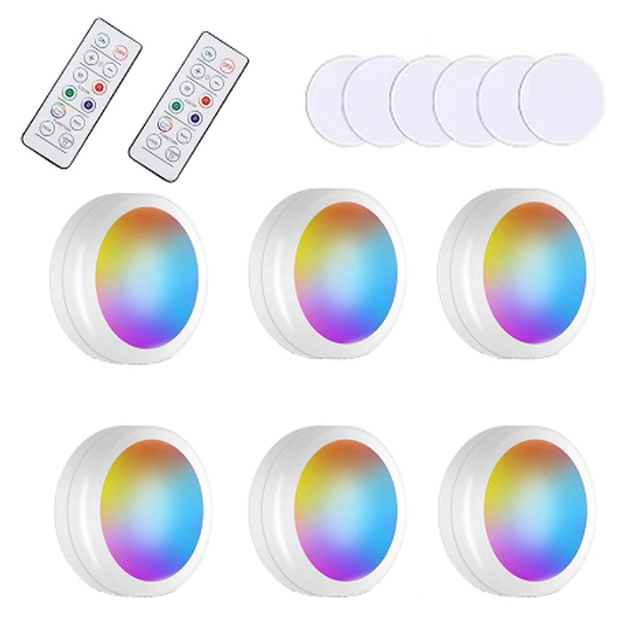 Комплект от 6 RGB LED прожектора с 2 дистанционни управления, Axroad Mall, 16 цвята, Регулируема яркост, Два режима на управление, Залепващ се монтаж, 15 лумена, Подходящи за шкафове, кухни, спални, ABS/PC, 67x67x29 мм, Бял