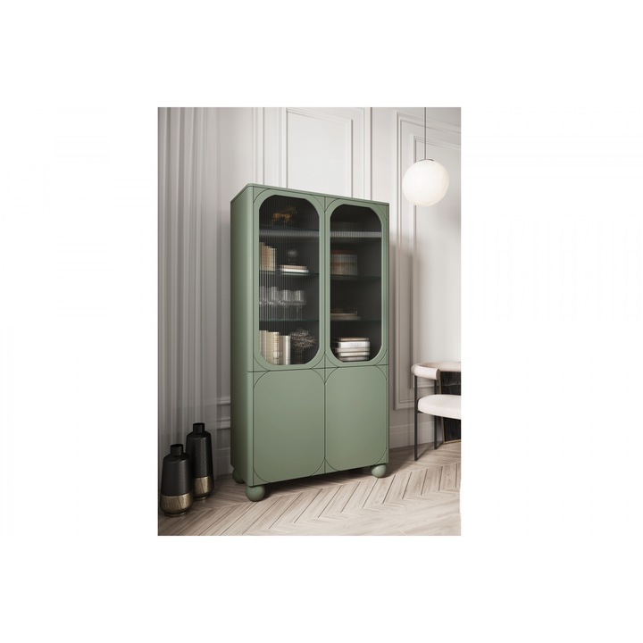 Vitrina, Meble Bogart, Sonatai II, MDF, Living/Biblioteca, Aspect mat, Rafturi 8, Usi 4, 192, 100 x 45 cm, Verde masliniu
