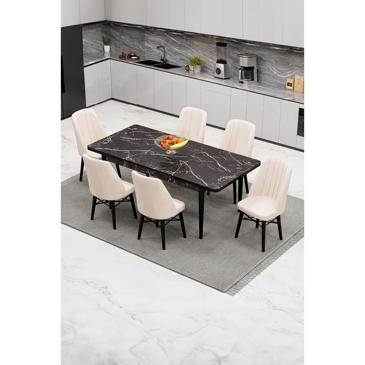 Set masa extensibila Babyface Berlin cu 6 scaune Crem, dreptunghiulara, blat din pal laminat, tapiterie din stofa catifea, lemn, picioare negru, negru Masa 80x170x80 cm