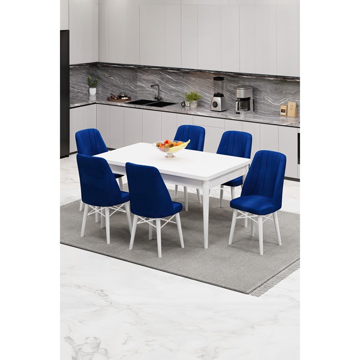 Set masa extensibila Babyface Berlin cu 4 scaune Albastru, dreptunghiulara, blat din pal laminat, tapiterie din stofa catifea, lemn, picioare albe, antik (albe) Masa 70x140x80 cm - Desire Furniture