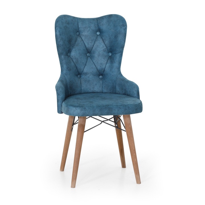 Стол King Blue, трапезарен, кухненски, тапициран с дамаска, дървени крака, 98 см x 50 см x 45 см