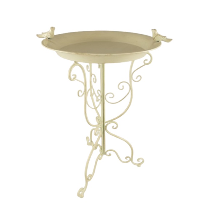 Fantana pentru pasari din metal, cu suport stabil, alb, pentru gradina, hranitor pasari, H. 74 cm