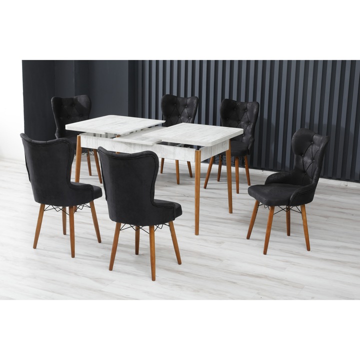 Set masa extensibila King cu 6 scaune Negru, dreptunghiulara, blat din pal laminat, picioare lemn, tapiterie din material textil, Antik Masa 80x170x80 cm - Desire Furniture