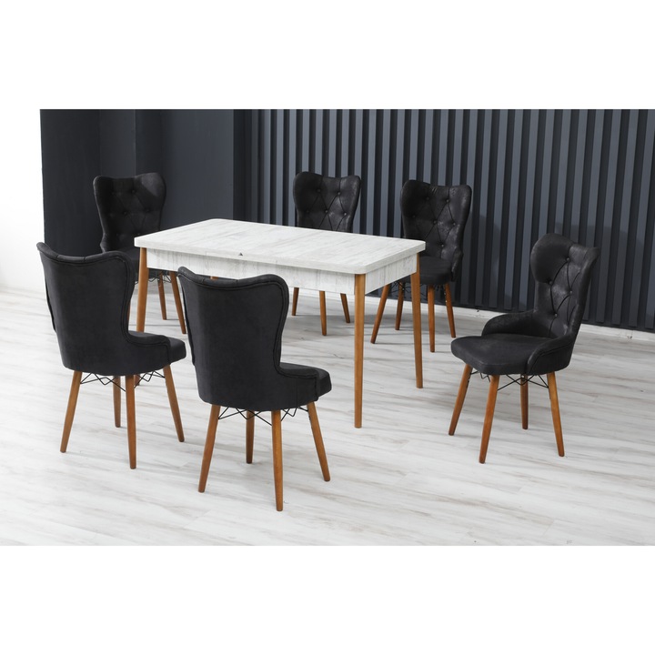 Set masa extensibila King cu 4 scaune Negru, dreptunghiulara, blat din pal laminat, picioare lemn, tapiterie din material textil, Antik Masa 70x140x80 cm - Desire Furniture