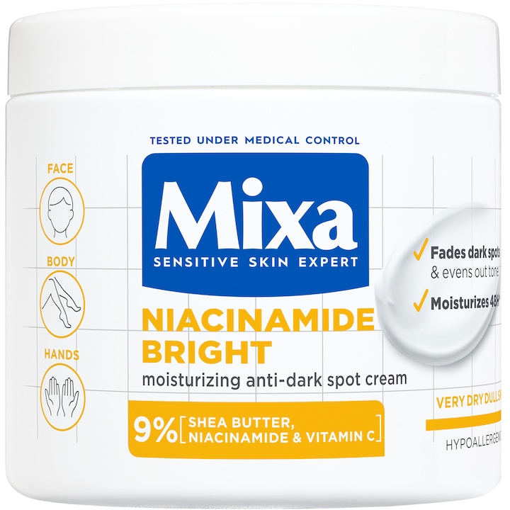 Crema hidratanta si anti-pete pigmentare pentru fata si corp Mixa Niacinamide Bright cu 9% Unt de Shea, Niacinamida si Vitamina C, piele cu aspect tern, 400 ml