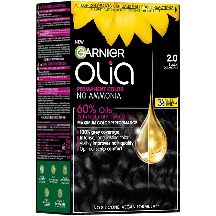 Vopsea de par permanenta fara amoniac Garnier Olia 2.0 Black Diamond, 174 ml