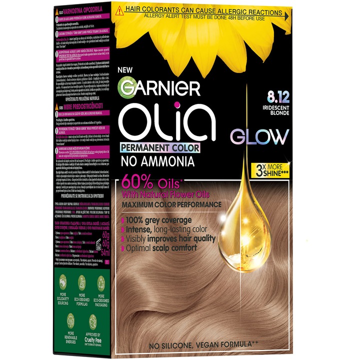 Перманентна боя за коса без амоняк Garnier Olia 8.12 Iridescent Blonde, 174 мл
