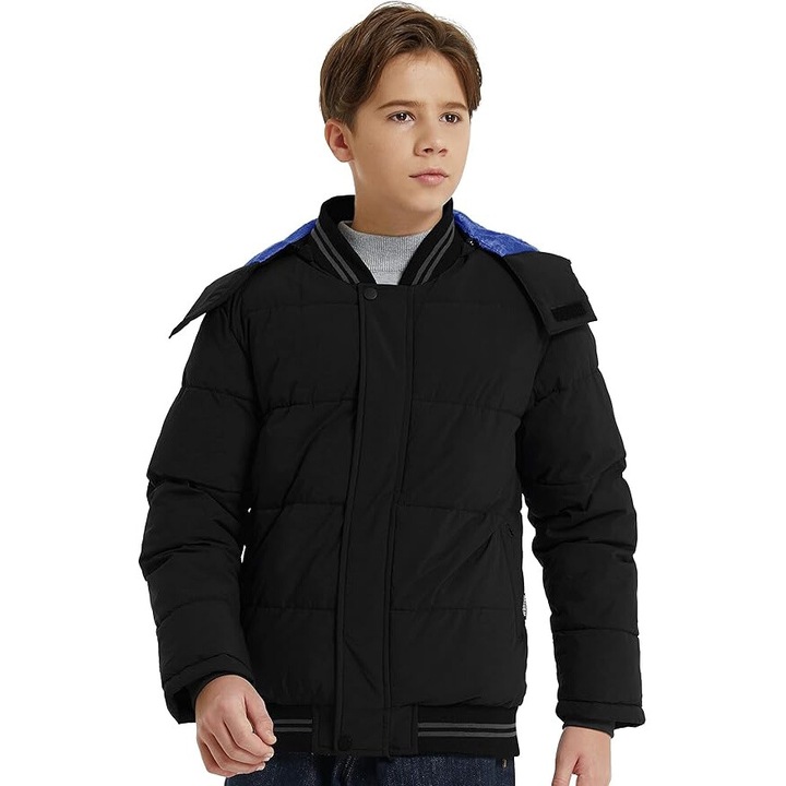 Geaca de iarna de baieti, rezistenta la vant, cu gluga detasabila, neagra, marimea 128-134