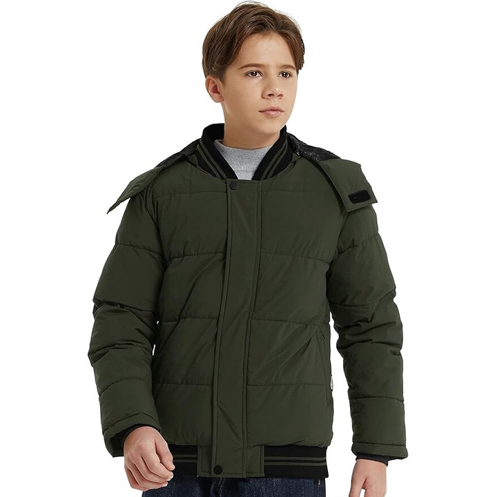 Geaca de iarna de baieti, rezistenta la vant, cu gluga detasabila, verde kaki, marimea 140-146