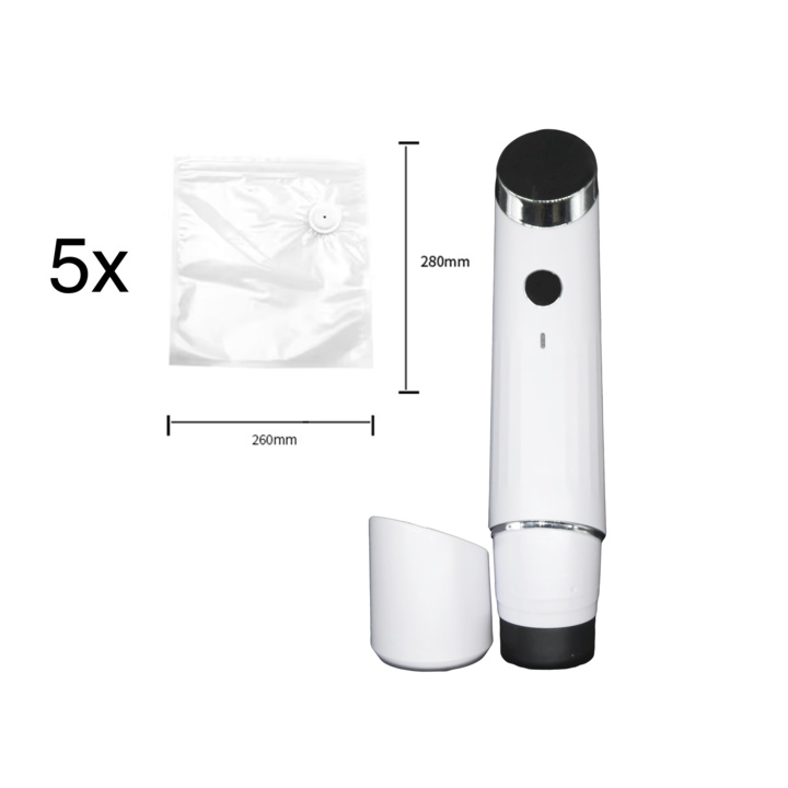 Aparat de Vidat Vertical, Portabil, Reincarcabil, Compact, 5 x Pungi Reutilizabile, Incarcare USB-C, Alb