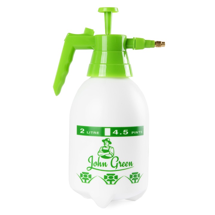 Pulverizator manual cu presiune John Green, capacitate 2 l, presiune maxima 3 bar, duza din alama, rezervor de masurare, pentru gradina, flori, sera, alb/verde