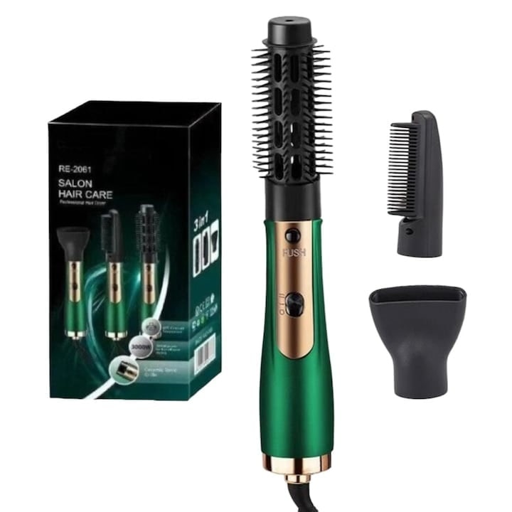 Uscator de par Multifunctional 3000W 3 in 1, Uscare, Indreptare, Ondulare, Perie Rotativa Profesionala