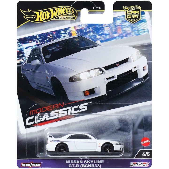 Количка Hot Wheels Premium Diecast Car, Car Culture, Nissan Skyline GT-R (BCNR33), Modern Classics, 4/5, HRV99, 1:64, бял