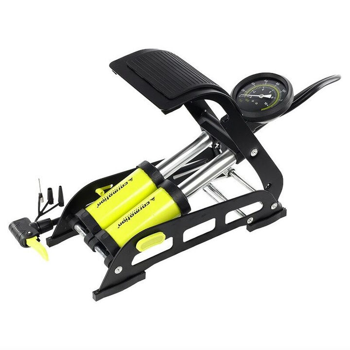 Pompa aer picior cu manometru, 2 cilindri, 2x45mm, 11 bar, 3 adaptori, 83502 Carmotion