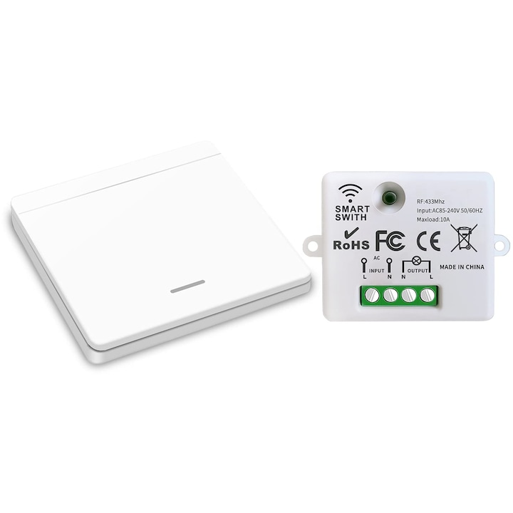 Intrerupator wireless, Generic, RF 433MHz, 10A, 86x86x13mm, set cu receptor si comutator, 1T + 1R
