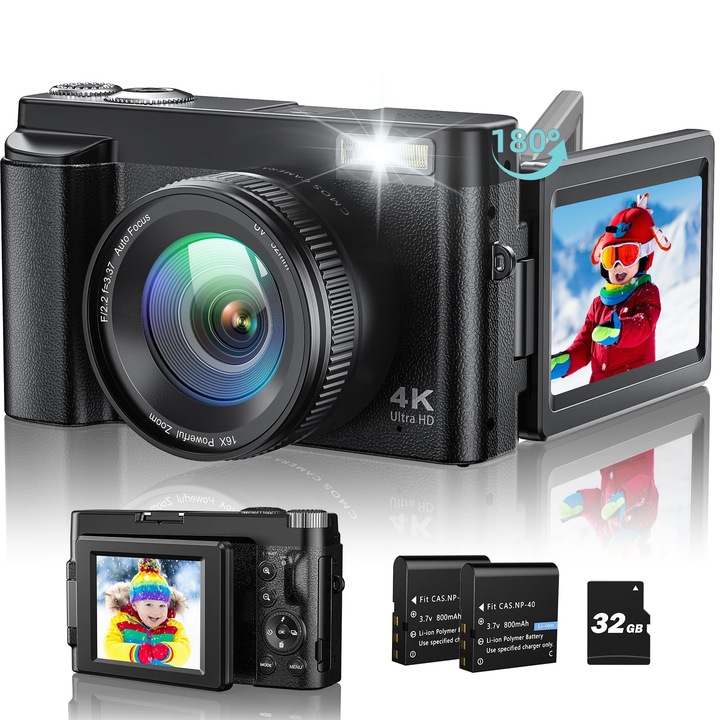 4K digitális fényképezőgép 48 MP-es kompakt fényképezőgép Autofókuszos fényképezőgép 180°-os fordítható képernyővel, 16X digitális zoom kompakt fényképezőgép fényképezőgép 32 GB-os kártyával, 2 elem kezdőknek
