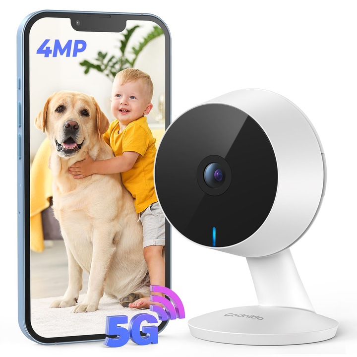 Codnida 4Mp beltéri térfigyelő kamera, Wlan Ip megfigyelő kamera, babafigyelő kamerával, mozgásérzékelő, beltéri Wifi kamera 2, 4 GHz / 5 GHz, 24/7 felvétel, kétirányú hang, infravörös éjszakai látás