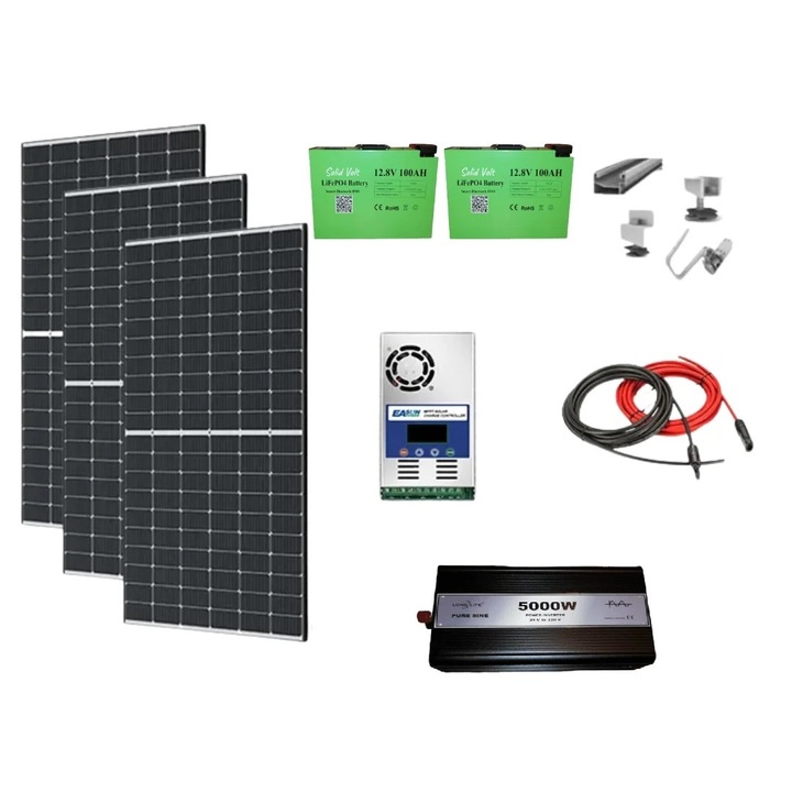 Sistem fotovoltaic OFF-GRID complet 1.2Kw 24 V, cu 3 panouri fotovoltaice 405W, baterii LiFePO4 100Ah, invertor SINUS PUR 5000W, regulator/controller solar Easun 60A, structura prindere acoperis si cabluri, Solid Volt