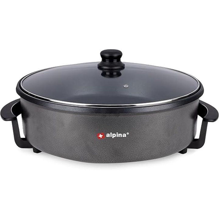 Електрически тиган Alpina XXL, диаметър 42 см - Мултифункционален тиган 1500 W - Тиган с незалепващо покритие - Тиган с покритие - Електрически и универсален тиган - С регулируем термостат - Метален - Черен