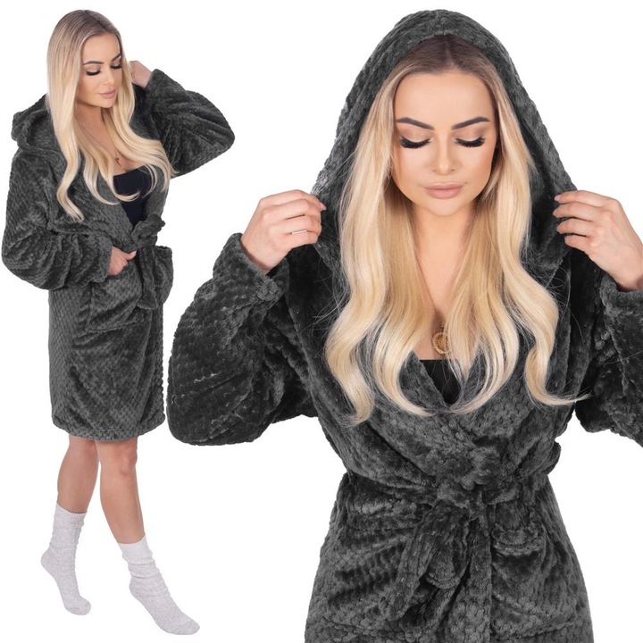 Halat de baie pentru femei pana la genunchi, cu gluga, gri inchis, Gri inchis