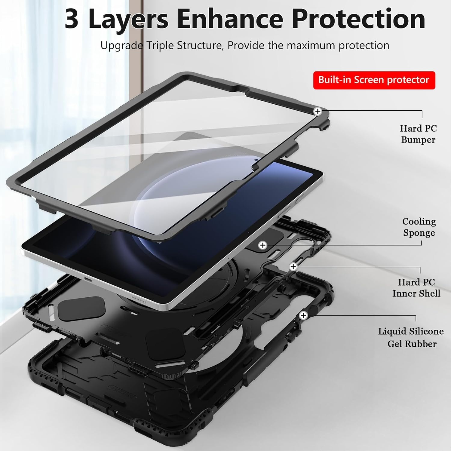 Husa socuri pentru Samsung Galaxy Tab S9 FE 11.9 2023, calitate militara, cu 3 straturi, cu protectie pentru ecran, suport pentru stilou S, suport rotativ, negru