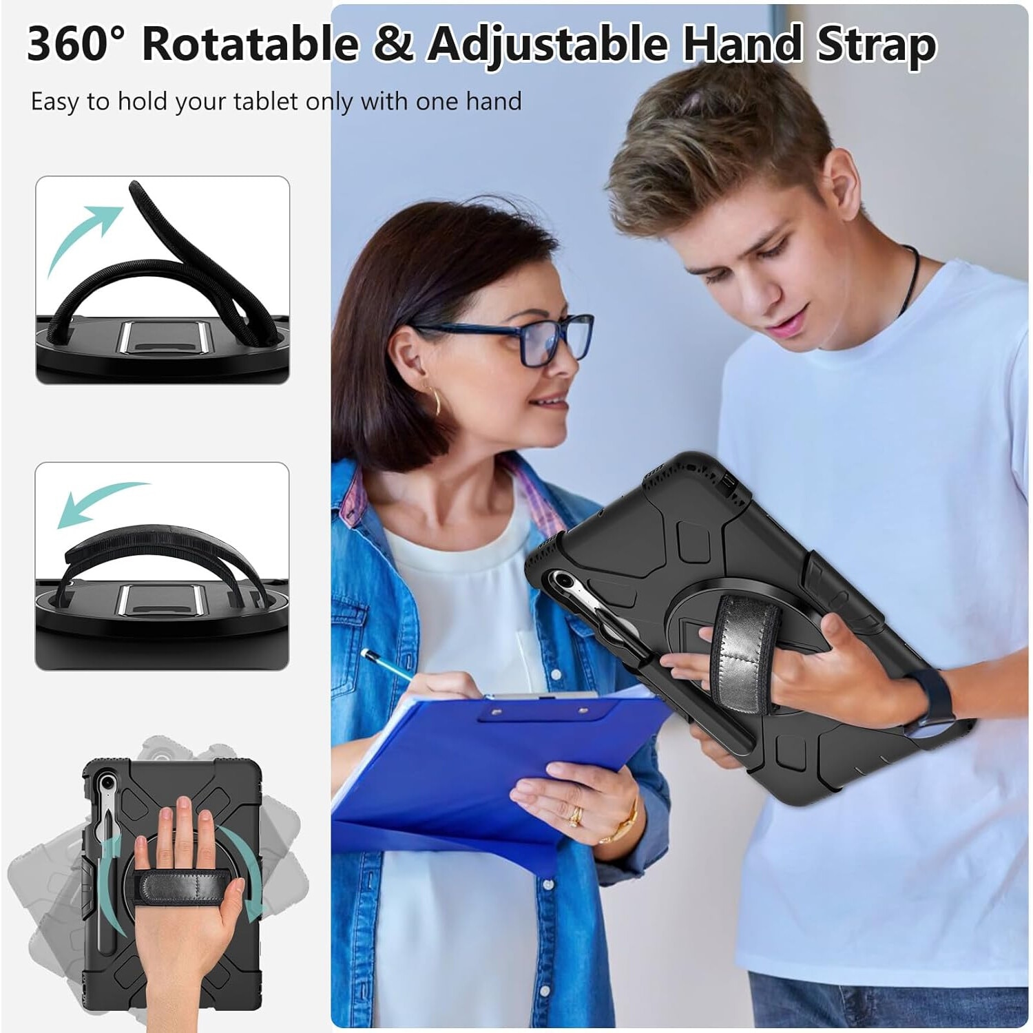 Husa socuri pentru Samsung Galaxy Tab S9 FE 11.9 2023, calitate militara, cu 3 straturi, cu protectie pentru ecran, suport pentru stilou S, suport rotativ, negru