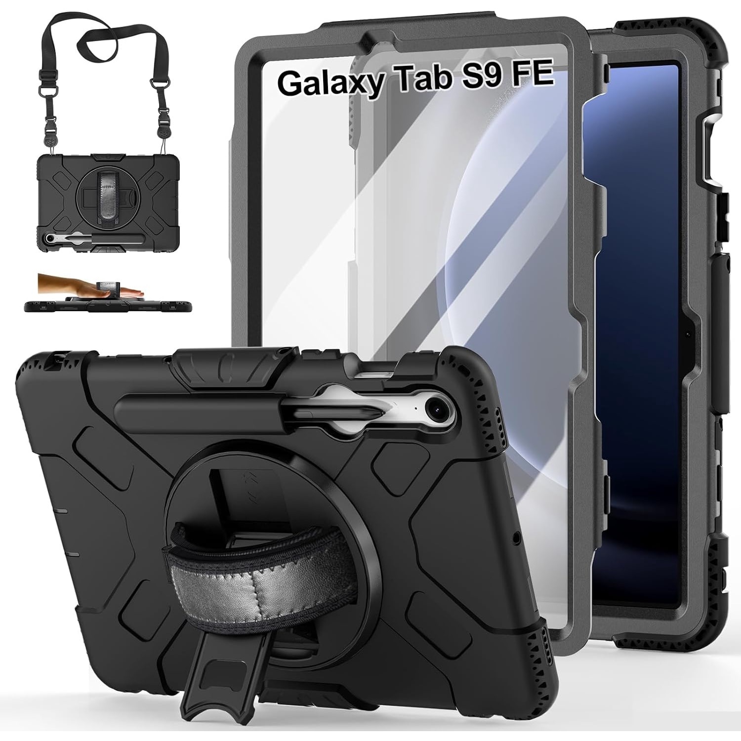 Husa socuri pentru Samsung Galaxy Tab S9 FE 11.9 2023, calitate militara, cu 3 straturi, cu protectie pentru ecran, suport pentru stilou S, suport rotativ, negru