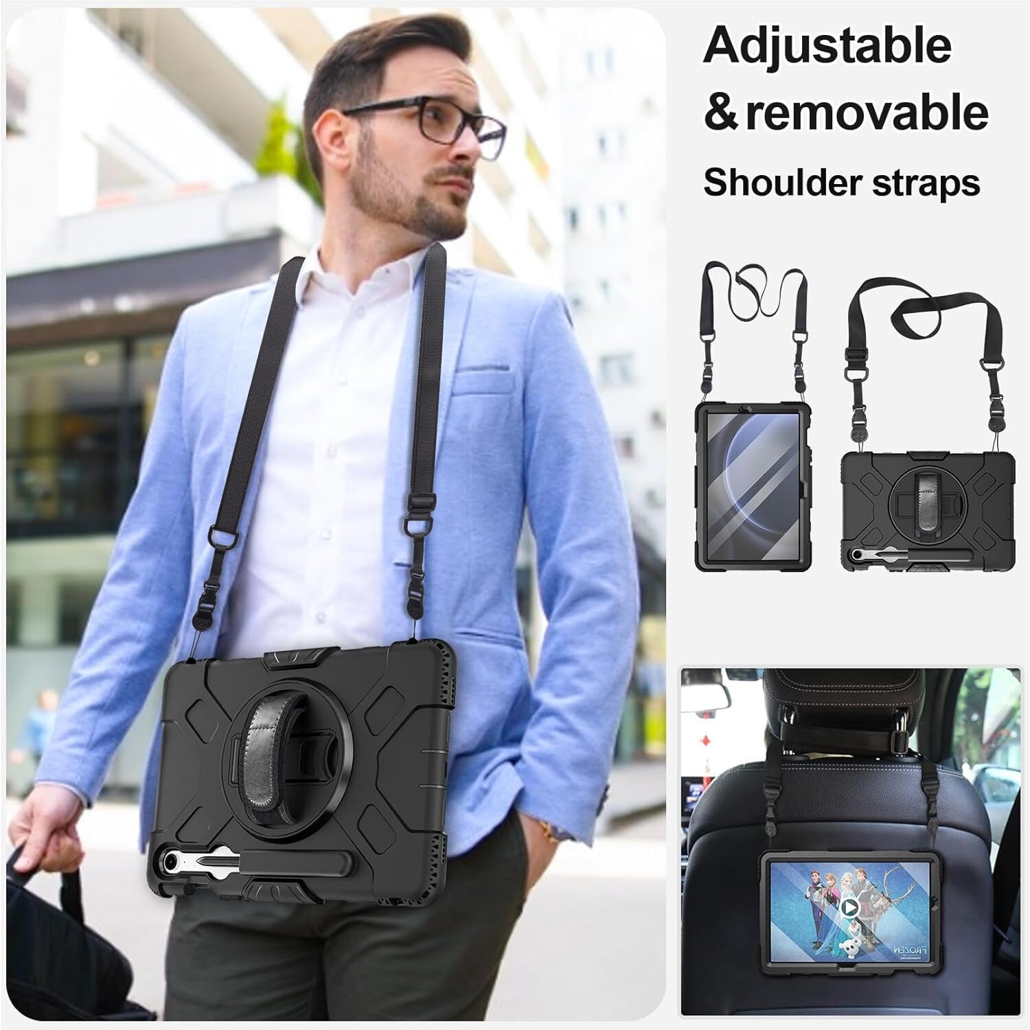 Husa socuri pentru Samsung Galaxy Tab S9 FE 11.9 2023, calitate militara, cu 3 straturi, cu protectie pentru ecran, suport pentru stilou S, suport rotativ, negru