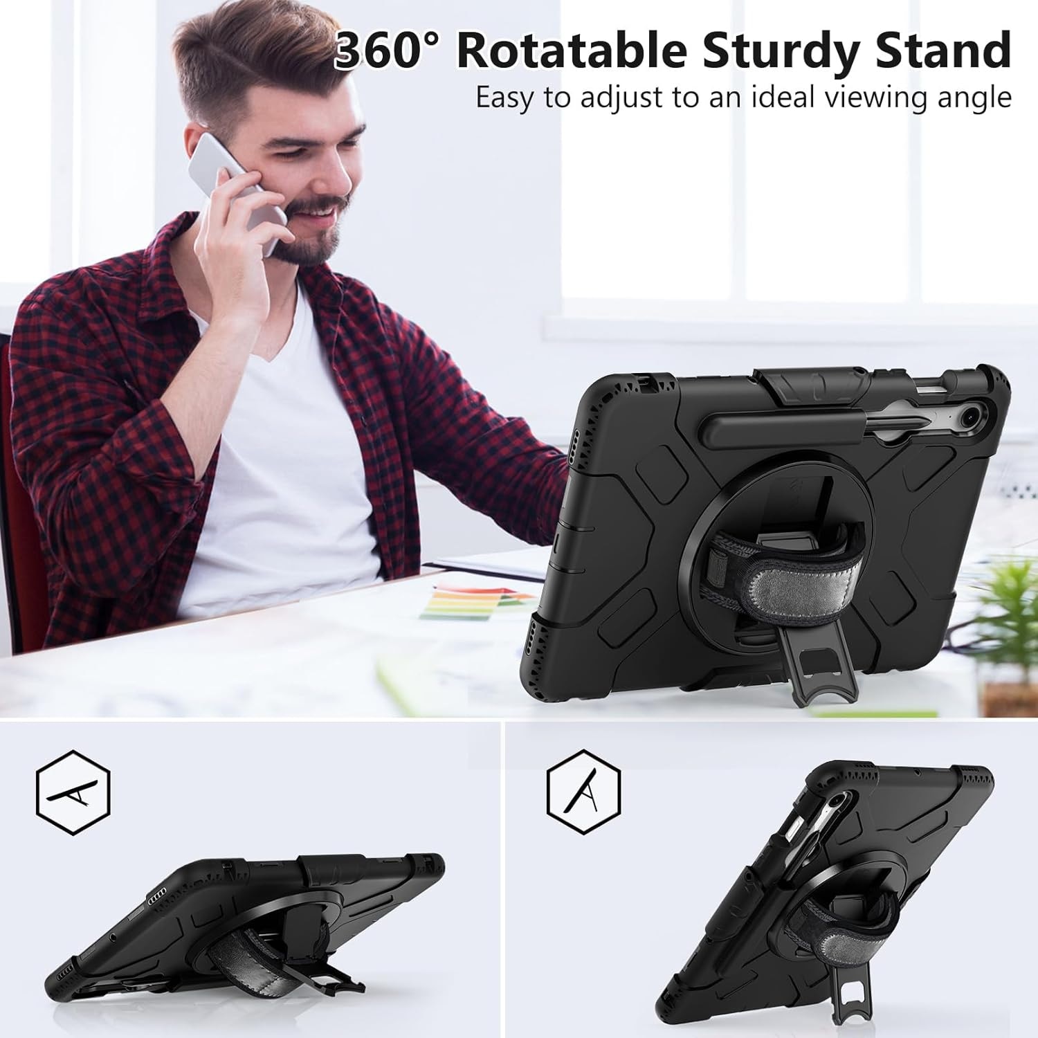 Husa socuri pentru Samsung Galaxy Tab S9 FE 11.9 2023, calitate militara, cu 3 straturi, cu protectie pentru ecran, suport pentru stilou S, suport rotativ, negru