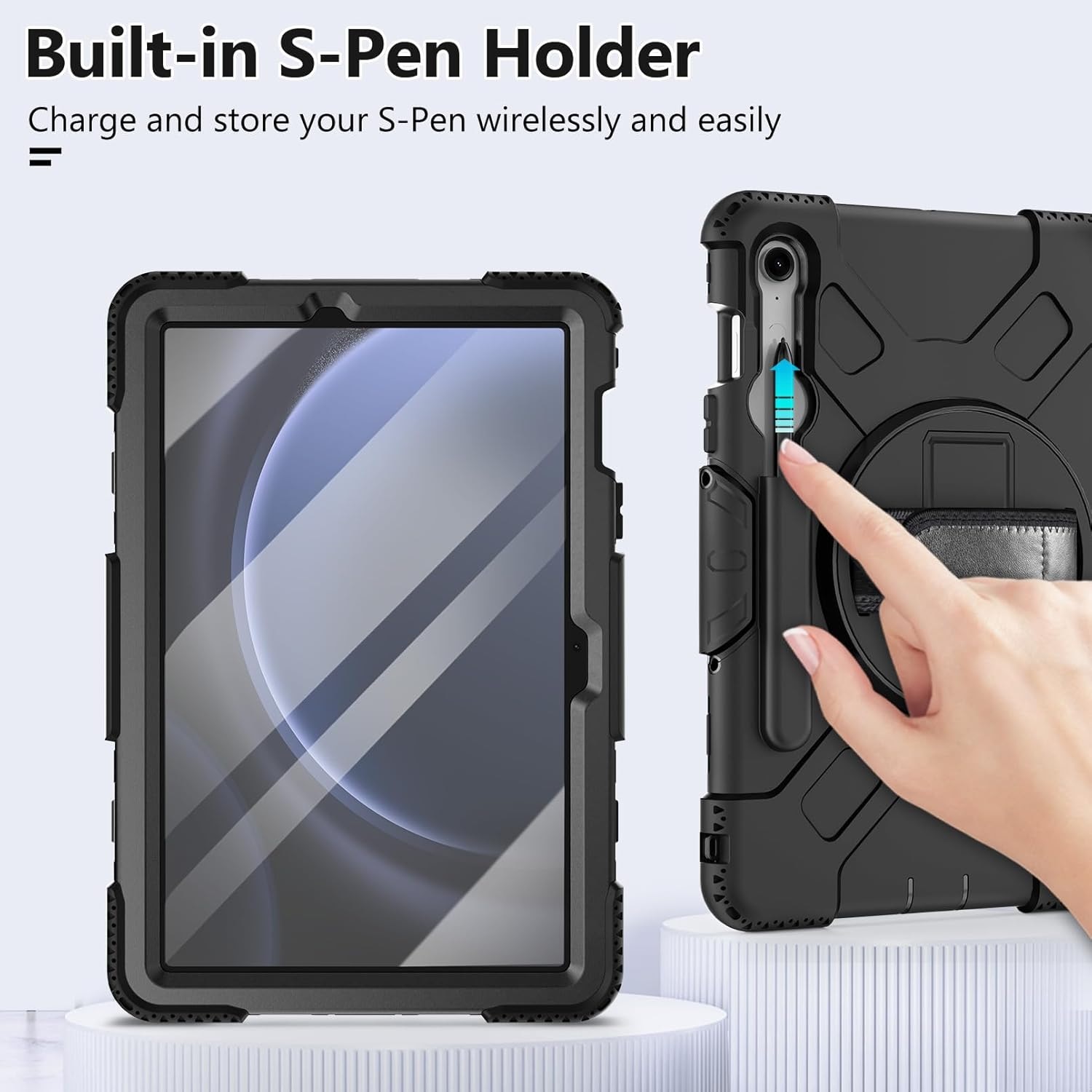 Husa socuri pentru Samsung Galaxy Tab S9 FE 11.9 2023, calitate militara, cu 3 straturi, cu protectie pentru ecran, suport pentru stilou S, suport rotativ, negru