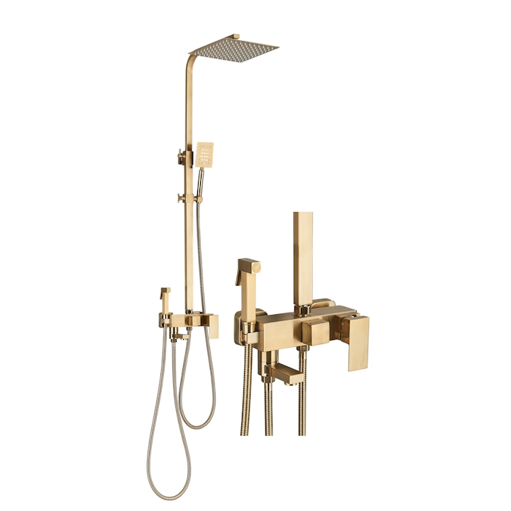 Душ колона за баня, регулируема по височина, цвят матово злато, 20 cm душ слушалка с ефект на дъжд, 4 функции на потока