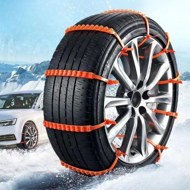 Set 10 Coliere Antiderapante Auto tip Lanturi Auto, Reutilizabile, Compatibile cu 2 Anvelope cu latime 175-295mm, Montare Rapida, Universal, pentru Zapada si Noroi, Plastic rezistent, 93cm