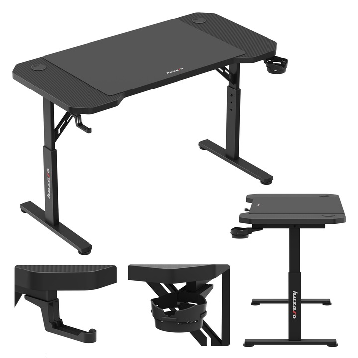 Játékasztal Huzaro Hero 2.6, Gamer asztal, magasságállítás, egérpad Fekete