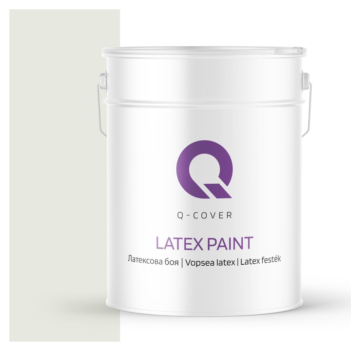 Vopsea latex, Q-Cover, Alb cu tenta de masliniu H2079, pentru interior, pe baza de apa, galeti de fier, usor de aplicat, rezistent la frecare, elimina reflexiile luminii, sigura pentru persoanele alergice, fara miros, tixotropa, Mat, 10L